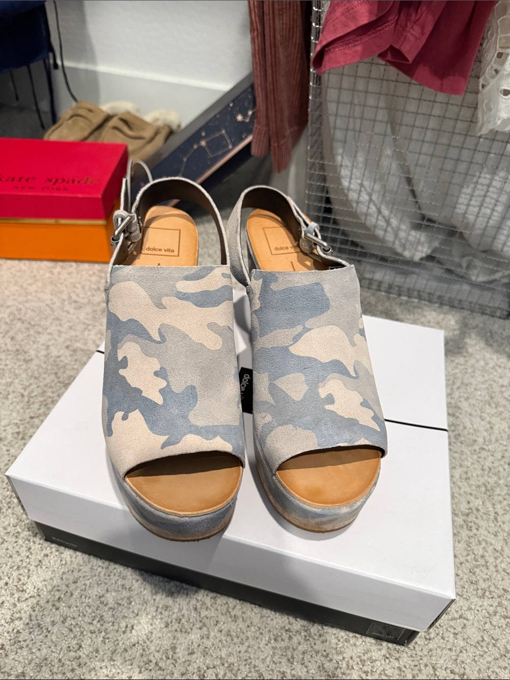 Dolce Vita Camouflage Suede Platform Sandals - Blue & Cream